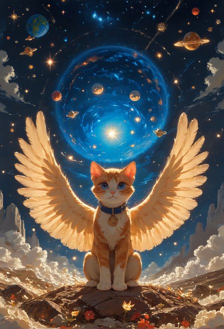 detailed background,Cinematic Lighting,film grain,score_9,score_8_up,score_7_up,zPDXL2,masterpiece,best quality,highly detailed,glowing,hand person,Expressiveh, <lora:(增强)sdxl_lightning_8step_lora:1>,<lora:glowneon_xl_v1:1>, <lora:(增强)Hands XL 4:1>,<lora:(增强)Expressive_H-000001:0.8>, <lora:Vixon\Vixon's Pony Styles Astro:0.8> , looking at viewer, blue eyes, jewelry, wings, sky, collar, no humans, animal, cat, star \(sky\), feathered wings, starry sky, angel wings, white wings, space, animal focus, planet, earth \(planet\), 4str0,