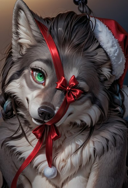 score_9, score_8_up, score_7_up, fisheye lens, Realistic, (((focus on  eye, (((closeup eyes, zoom on  eye))), beautiful green eyes, clear eyes))),  anthro female wolf, white cheeks, ((gray fur, furry)), ((tilted head, head tilt)) fluffy fur, (gray hair, twin braids, hair streaks) night, dark background, hard shadows, rembrandt style, , stare at viewer, from above, cute adult, (Christmas theme, red ribbons)