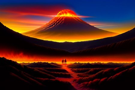 (View from behind:1.5), at night, (two+++ hobbits:1.3) hiking towards a single tall black erupting volcano with extremely steep sides, plateau is a bleak Martian landscape. One hobbit is leaning against the other as they walk
