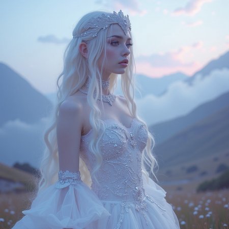 The image is a digital artwork in a surreal, ethereal style, featuring a young woman with an otherworldly appearance. She is standing in a misty, twilight landscape with a serene mountainous background under a soft, pastel sky. The woman has long, flowing platinum blonde hair and is dressed in an elaborate, flowing white gown adorned with intricate, shimmering silver embroidery.