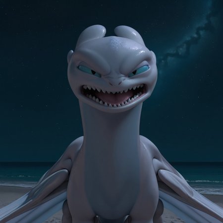 8k, uncensored, masterpiece, best quality, highly detailed, realistic, 1girl, solo, LightFuryHTTYD,furry, feral, dragon, scalie, light-blue sclera, black eyes, white body, white scales, light-blue body, light-blue scales, two tone body, two tone scales, dragon wings, long tail, open mouth, (looking at viewer, sand, night sky, stars, ocean, front view, detailed background, upper body, (angry, narrowed eyes, all fours, spread wings)
