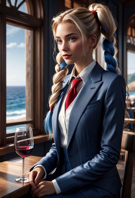gorgeous young Swiss woman sitting by window with glass of wine , wearing with a suit long (white:blue:1.4) and red streaks highlights hair tomboy, mega twintails, soft lips, beach blonde hair, octane render, unreal engine, photograph, realistic skin texture, photorealistic, hyper realism, highly detailed, 85mm portrait photography, award winning, hard rim lighting photography, Movie concept art, trending on ArtStation, ultra-detailed realism, cinematic composition