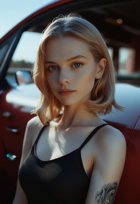 score_9, score_8_up, score_7_up, score_6_up, cinematic, cinema shot, film grain, depth of field, 1girl, blonde hair, blue eyes, solo, motor vehicle, ground vehicle, tattoo, looking at viewer, realistic, car, medium hair, bare shoulders, upper body, blurry, sleeveless, boke, (dark:1.2)