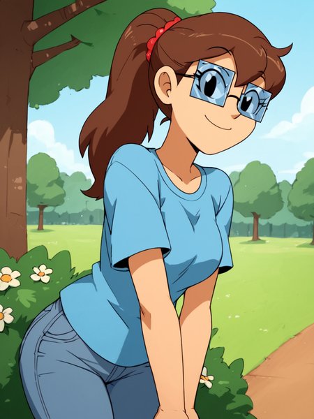 score_9, score_8_up, score_7_up,  score_6_up, BREAK, S0s4n, 1girl, solo, black eyes, long hair, brown hair, glasses, ponytail, blue shirt, jeans, smile, looking at viewer, in the park, flower, tree  <lora:Susan-000006:1>