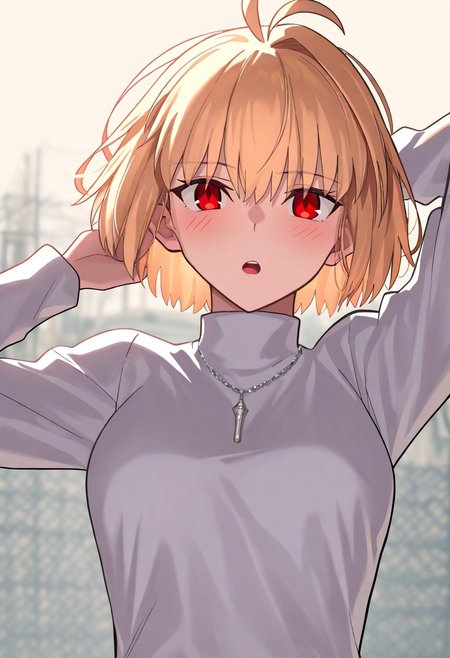 masterpiece, best quality, newest, absurdres, highres, safe, el3gymaster, arcueid brunestud, 1girl, blonde hair, solo, upper body, short hair, single hair intake, turtleneck, white sweater, blush, long sleeves, sweater, antenna hair, jewelry, turtleneck sweater, chain, arm behind head, necklace, upper teeth only, outdoors