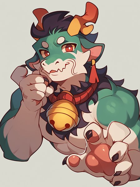 score_9, score_8_up, score_7_up, high quality, hires, male, solo, anthro, furry, buff body, antlers, red eyes, bell, looking at viewer, seducing, claws, looking at viewer, <lora:Greene:1>