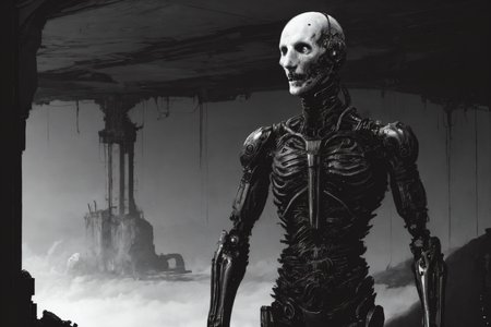 (humanoid with a white synthetic skin face full of cybernetic implants), (thick dark leather coat with neck cover:1.3), (cross tattoo only on forehead:1.3), 1guy, blue sky, cloud, collarbone (looking at viewer and smiling:1.2), (white reflective eyes:1.1), sky, solo, upper body, ((masterpiece)), (smirk512:1.3), (synth goth cyber armor with metal plates:1.3), (thick stretched neck guard made out of body pipes:1.2), <lora:epiNoiseoffset_v2:1>, (masterpiece), (best quality), (high resolution), hyper detailed, detailed_background, cables, dim light, vast, space age architecture, communism architecture
OrganicBiomArt, <lora:bodhor:0.4> <lora:Blame!:1>
((environment falling apart)), (catastrophic failure), ((action shot))