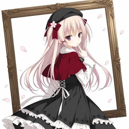 <lora:Natsume_Shizuku_Uta_1_nai-000011:1>,Natsume Shizuku,
long hair,two side up,x hair ornament,
official outfit,layered dress,black dress,frilled dress,white frills,black ribbon,center frills,neck ribbon,red capelet,white sleeves,long sleeves,fur-trimmed sleeves,black hat,hair bow,red bow,hair flower,
BREAK
1girl,solo,expressionless,looking at viewer,looking back,from behind,picture frame,finger to mouth,cherry blossoms,petals,falling petals,simple background,in frame,white background,