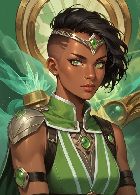 score_9, score_8_up, score_7_up, score_6_up, score_5_up,
1girl, solo, green eyes, dark-skinned female, dark skin, black hair, sidecut, circlet, fingerless gloves, green outfit
abstract background, dynamic, masterpiece, best quality, sharp_details, game_cg
 <lora:Vivien_Reid_-_Magic_the_Gathering:1>