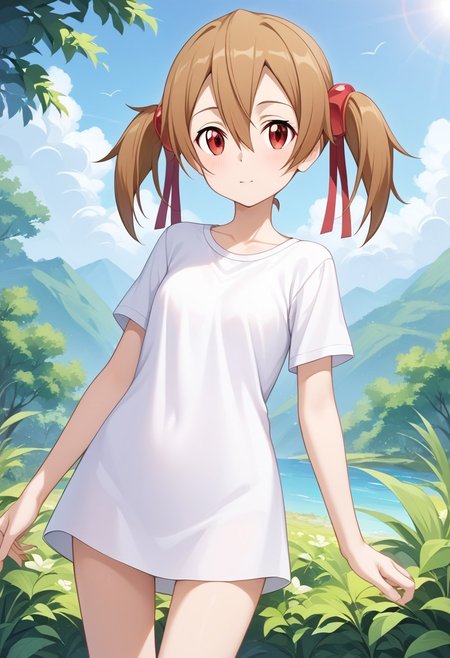 score_9, score_8_up, score_7_up, score_6_up, source_anime, highres, hi res, best quality, masterpiece, 2d, intricate details, official style, anime, 4k, anime style, 1girl, solo, female, long hair, red eyes, brown hair, hair ornament, hair between eyes, ribbon, twintails, hair ribbon, short twintails, 
No pants, only shirt, white shirt, short sleeves, detailled body, detailled legs, standing
silica, sword art online  <lora:Silica_Pony:1>