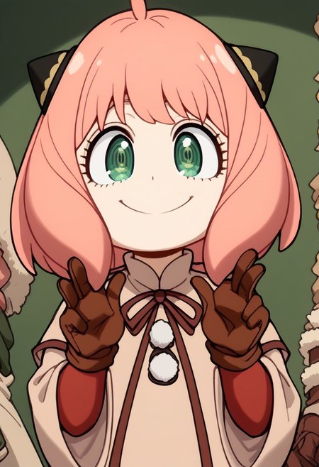 score_9, score_8_up, score_7_up, highly detailed, 1girl, cute boy, solo, five fingers, front view, winking, happy, smiling, white outline, easynegative, CuteCartoonStyle, Expressiveh, front view, negative_hand, anya forger, anya (spy x family), bangs, green eyes, pink hair, ahoge, child, female child, hairpods, gloves, long sleeves, ribbon, brown gloves, capelet, robe,