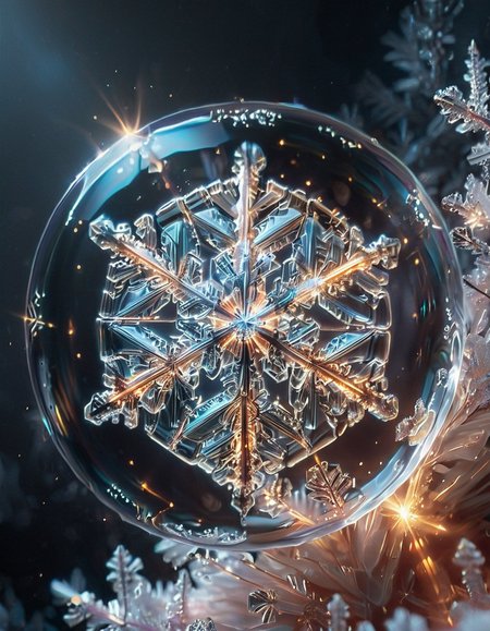 (high quality), (masterpiece), (detailed),8K, An award-winning glowing snowflake, encased in a perfectly transparent glass bubble, floats delicately within a surreal winter setting. Its intricate, symmetrical crystalline patterns radiate a mesmerizing, golden luminosity, blending warm hues of amber, peach, and soft rose that glow softly through the glass. The bubble is adorned with delicate frost patterns along its edges, reflecting and refracting the snowflake’s warm light, casting a magical aura on its surroundings. Encased within, the snowflake sparkles with fine detail, as if suspended in time, evoking feelings of joy, serenity, and wonder, captivating all who witness this breathtaking masterpiece, glowneon, geometric, GlowingInk