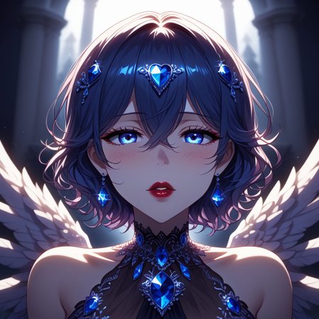 1girl, solo focus, Misae Suzuhara, hair between eyes, dark blue hair, blue eyes, depth of field, blurry background, pov, imminent kiss, full lips, face focus, zoomed in, (closeup of face:1.3), extreme closeup, lip focus, half-closed eyes, lace overlay dress, sapphire dress, lace-trimmed dress, sapphire crystals, sapphire \(gem\), jewelry, ruby red lipstick, sparkle, glitter, chromatic abberation, blush, lace trim, see-through cleavage, sleeveless, detached collar, sapphire necklace, bathed in sunlight, angel wings, feathers, outdoors
