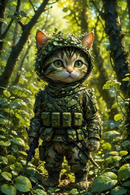 A surreal and dreamy scene featuring a small cat soldier dressed in green camouflage gear, skillfully camouflaged and hiding within a dense forest. The forest is lush and vibrant, with an ethereal glow filtering through the trees, creating a magical and whimsical atmosphere. The details are hyper-realistic, capturing the textures of the cat's fur, the camouflage uniform, and the foliage of the forest.
small cat soldier, green camouflage gear, hiding in dense forest, lush and vibrant, ethereal glow, magical atmosphere, hyper-realistic, intricate textures, surreal, dreamy, whimsical, fantastical, detailed environment.
<lora:add-detail-xl:1.0>,
<lora:EnvyBetterHiresFixXL01:1.0>,
<lora:extremely_detailed:1.0>, extremely detailed,
<lora:EldritchMixIllustration_1.1:0.6>,
<lora:Regiiinas_plant_style:1> plantstyle,