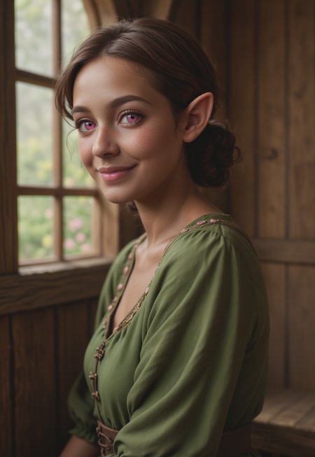 side profile portrait of a middle-aged hobbit woman with pointed elf ears and Indian features, (((dark skin))), wearing a dark-green medieval dress with ornate gold embroidery, very short, ((pink eyes, brown hair)), sitting in a cozy rustic cottage, dark wood and green plaster materials, pastel light, looking at viewer, subtle smile expression,