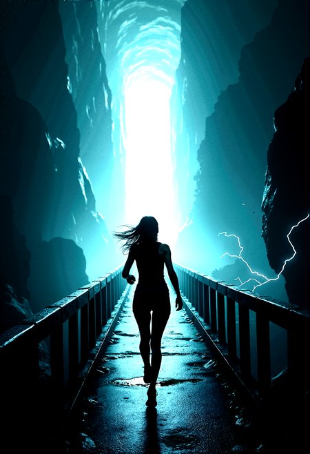extremely photorealistic depiction of The last frontier, A very close-up third person view from behind of a Female adventurer quickly sprinting towards a massive, illuminated tunnel, ready to step into the unknown.A long, seemingly endless bridge leading to the glowing tunnel.A dark, stormy environment with constant lightning strikes and electrified air.









