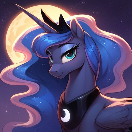 masterpiece, score_9, score_8_up, score_7_up, (best quality:1.1), ultra-detailed, high resolution, beautiful detailed eyes, Long eyelashes, Looking At Viewer, Highly Visible, 8k, Princess Luna, pony, alicorn, g4, both cutie marks, female, feral, sharp focus, beautiful, perfect lighting, beautiful eyes, anatomically correct, anatomically correct face, extremely detailed, (In the starry night sky), shine on body, high detail, proud face, 🌙, ✨, Expressiveh, OverallDetail