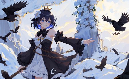 Seele,seele，detailed，masterpiece, best quality，

1girl, solo, smile, bangs,hair ornament, hair flower,,  blue eyes, short hair,, bare shoulders, blue hair, hair between eyes, white flower,   blue flower，black hair，


black_stocking,(frilled_dress),black dress,long_sleeves,((petticoat)),
a crow standing on arm:1.45,