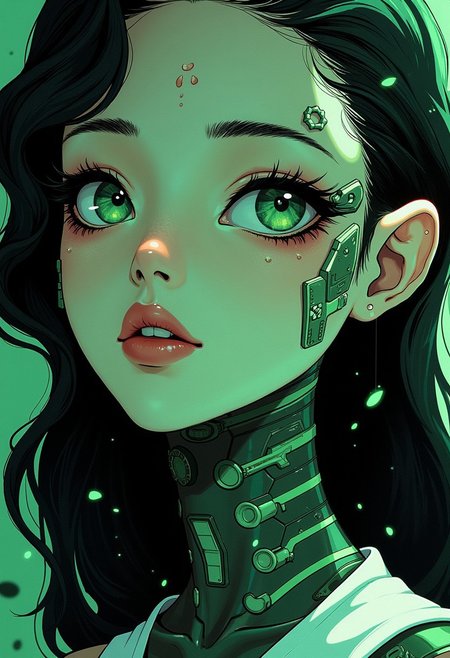 <lora:ck-Goro-Fujita:1>, digital artwork in the style of ckgf, A mesmerizing close-up portrait of an alien woman, her striking features blending extraterrestrial elegance with subtle mechanical elements. Her skin has a smooth, otherworldly texture, adorned with small, organic patterns. Her long, wavy hair cascades around her face, but in the Gameboy-style palette of green, white, and black. Mechanical elements are seamlessly integrated into her face and neck—sharp, angular pieces emerge like delicate circuitry. The chiaroscuro-inspired lighting brings deep contrast, with bold shadows enhancing her alien beauty. The background features a cyberpunk workshop, and the limited palette emphasize the alien and mechanical features, while a soft green glow outlines parts of her face and hair, creating a futuristic yet nostalgic visual reminiscent of early handheld gaming
<lora:ck-nc-pastel-cyberpunk:0.3>
<lora:ck-MetalGearSolid:0.25>
<lora:RetroAnimeFluxV1:0.25>