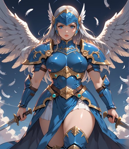 PonyScores7, source_anime, ah1, BREAK 1girl, long hair, mature female, (curvy), thick thighs, wide hips, busty, voluptuous, lips, <lora:venus body PonyXL:0.4>,  grey hair, (wide-eyed), (writing), (a secret society of time travelers), looking at viewer, (<lora:pony_xl_Lenneth:0.4> Lenneth, armor, helmet, blue armor, valkyrie, armored dress, winged helmet, weapon, feathers, shoulder armor, sword, boots, holding, breastplate, holding weapon, skirt, wings, pauldrons), BREAK <lora:xl_more_art-full_v1:0.2>, <lora:shinyskin2:0.2> glistening skin, <lora:aesthetic_anime_v1s:0.2>, <lora:Expressive_H:0.2> Expressiveh, <lora:hairdetailpxl:0.2> hairdetailpxl, <lora:EpicF4nta5yXL:0.2>, <lora:detailxl:0.2> detailxl, <lora:Fant5yP0ny:0.2>, best quality, amazing quality, best aesthetic, absurdres, <lora:expressive eyes:0.2> expressive eyes, <lora:eyedetailpxl:0.2> eyedetailpxl, illustration, Volumetric_Lighting, ultra-detailed, very aesthetic, intricate details, 8k, masterpiece, best_quality, BREAK (Diagonal Composition shot), BREAK <lora:Eyes_High_Definition:0.3> EyesHD, Stable_Yogis_PDXL_Positives, AS-Adult, <lora:Complicated fantasy portrait - XL Pony V2.0:0.4>, bad-hands-5,
