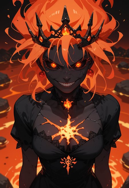 score_9,score_8_up,score_7_up,score_6_up, 1girl, 30 year old fire elemental made of pure fire, crown of fire, royal, fire elemental, lava veins, ((glowing veins)), fiery hair, fiery eyes, (black sclera:1.2), ash, cleavage, dress, closed mouth, regal, smirk, glowing tattoo, lava skin, glowing cracks, (cracked skin), (black skin:1.2), attractive, charred, upper body, sharp teeth, medium breasts, dark aura, shadows, cinematic, from above, dark theme, sinozick style, <lora:add-detail-xl:1>  <lora:Sinozick_Style_XL_Pony:0.85>
