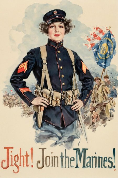howardchandlerchristy1 illustration.
A woman with short dark curly hair in a dark blue military uniform with gold buttons and a cap stands confidently with a slight smile, looking at the viewer. She carries an belt with ammunition pouches on her shoulder and holds a bayonet in her hand.  The background depicts soldiers marching with a flag bearing a circular emblem.
Text at bottom says "Fight!  Join the Marines!"
 <lora:howardchandlerchristy1_d8a4e11:1.0><lora:865841357472723108:0>