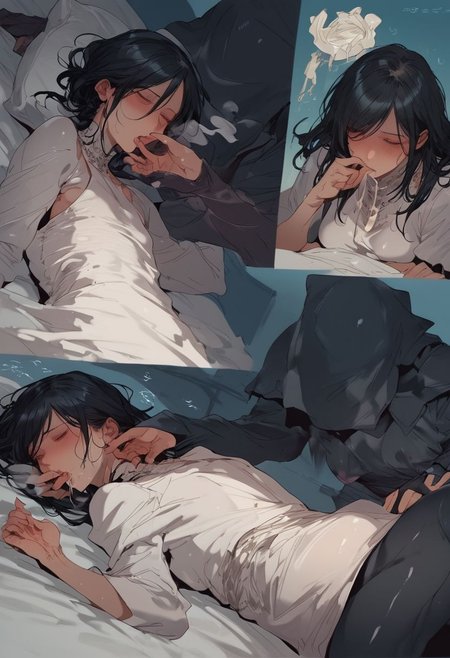 score_9, score_8_up, score_7_up, score_6_up, score_5_up, score_4_up, night, ((white bed)), (((bedroom))), ((young)), ((young body)), ((petite)), ((short)), (impact effect), (motion blur), (breath), (((((1girl))))), ((mouth poison liquid)), (((finger in the mouth by black bodysuit))), lying down, sleep face, black hood, black skin, black face, black mask, (((((4koma))))), ((((((multiple angle))))), ((((((multiple panel)))))
yyjytjr856856356sd73, black hair, (((white victoria dress))),  (((white royal dress)))