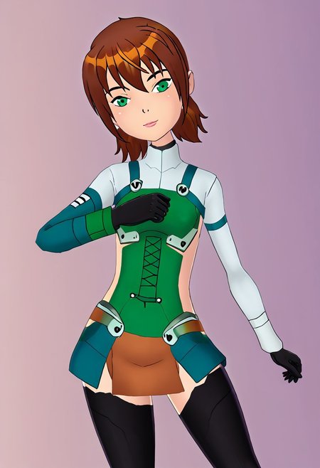 masterpiece, best quality, 1girl,  girl is a very feminine, very girly, large boobs, cute, innocent, sexy,female version of Ben Tennyson, brown hair, green eyes, wearing Floral_note_y,. Style is of the Ben10 cartoon. Setting is in her bedroom.  detailed background, dynamic angle, volumetric lighting, intense spotlights below, godrays
