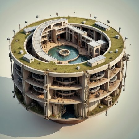 a realistic photo of a circular mechanical metallic device floating , villages across drop-dead landscape of holes and linked features in meshes, matte,  <lora:super_16mm_film style:0.8> super_16mm_film style <lora:Isometric Cutaway:1.2> Isometric Cutaway page,  <lora:Astigmatism_0.5b:0.33>