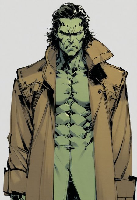 yoji_shinkawa, green alien , Male, tentacle like form, trenchcoat,  serious  <lora:Yoji_v2-000014:0.9>, score_8_up, score_7_up, score_6_up