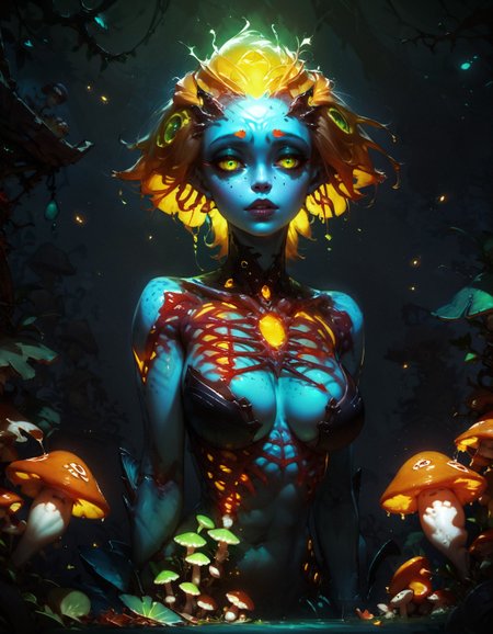 score_9, score_8_up, score_7_up, score_6_up, score_5_up, score_4_up,  biopunk, alien girl, monster girl, fish girl, (solo:1.3), cute girl, leaf dress, (gils:1.2), (bones, ribs, hip_bones:1.1), glowing, bio-engineered, yellow hair, green eyes, half-closed eyes, short hair, large breasts, (big lips:0.4), mushrooms, teasing, night, ethereal, freckles, cleavage, perfect eyes, braless, red light, yellow light, (close-up, red theme:1.1)
