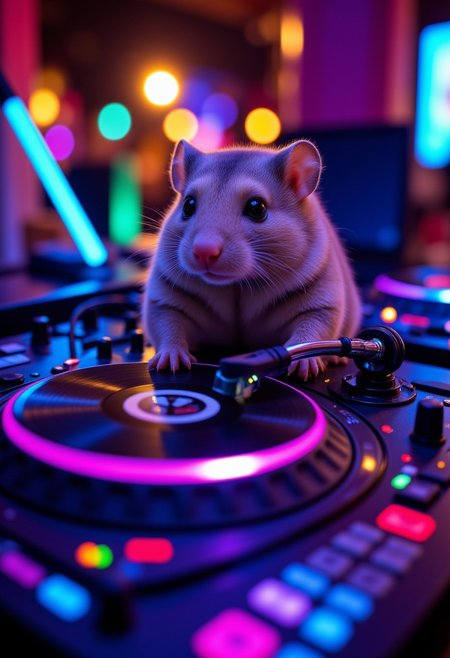 Hamster DJ, spinning records at a tiny club, other hamsters dancing with glow sticks
,aidmafluxproultra, aidmaHyperrealism, aidmaMJ6.1