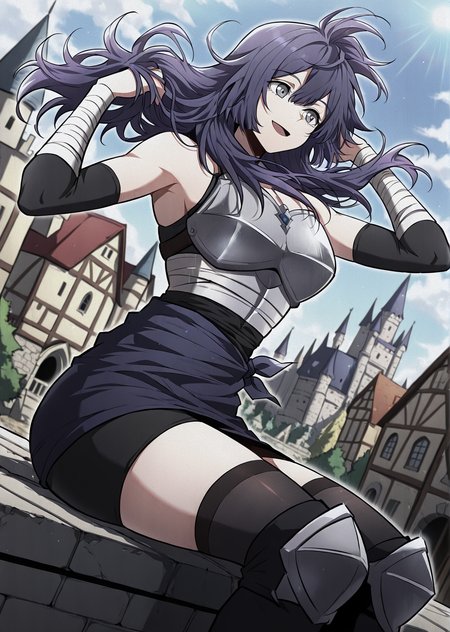 <lora:Lensa__The_Beginning_After_the_End__Illustrious:1>
Lensa, purple hair, dark ninja outfit, long purple hair, messy hair, layered hair, side bangs, gray eyes, black sleeveless top, armor chestplate, tied waist cloth, short skirt wrap, thigh-high black stockings, armored knees, athletic build
score_9, score_8_up, score_7_up, very aesthetic, source_anime, detailed, high quality, beautiful, masterpiece, detailed eyes, castle, village, blurry background, cityscape, pose dynamic angle, light smile, open mouth, hand on hair, sitting