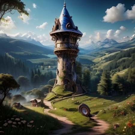 realistic analog photo, award winning photo, vary wide shot of stone AgateWorld witow tower:1.3, no humans, scenery, blue sky, dirt road, lush grassland, Wildflowers, nature, outdoors, RAW, highres, 8k, uhd, High Dynamic Range, tonemapping, crisp details, portcullis,