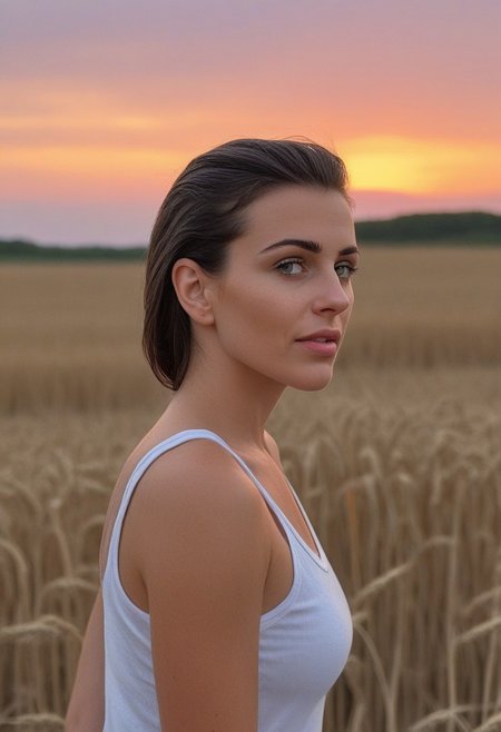 30yo american woman in a wheat field
Small eyes. Brown eyes.
Wearing white tank top. no makeup. Clear skin.  realistic skin style
Long dark black slick back hair. No makeup. Dusk, Street light. Looking at camera POV. Slight smile, tilting head.. Tilt head. Hands in head, face, lips.
Medium Close Up shot. Bokeh. Bokeh light. Sunset. yellow, purple sky.