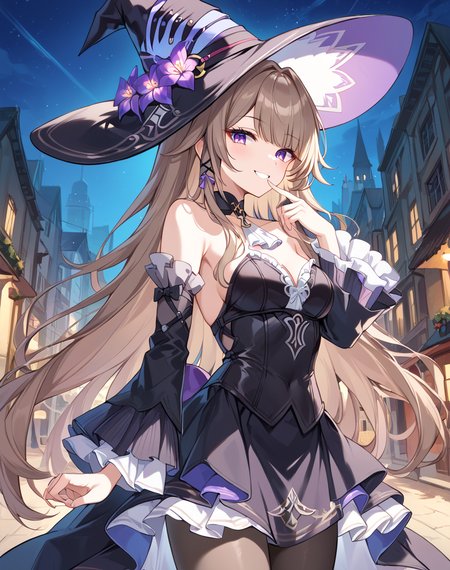 madam_herta, brown hair, long hair, purple eyes, witch hat, detached sleeves, pantyhose,  herta dress, black dress, detached sleeves, strapless dress, black choker, hat flower BREAK outdoors,city street, night BREAK sexy pose, sexy face, sexy smile, cowboy shot, dynamic pose, finger near mouth BREAK score_9, score_8_up, score_7_up, source_anime ,zPDXL, perfect hand,  <lora:Madam_Herta:0.8>