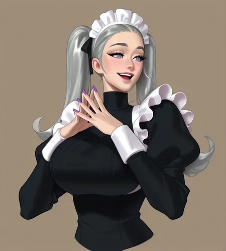 <lora:Luzdanaee:1.2>,<lora:anatomy_helper:1>,1girl,
1girl, wild hips, huge breasts, original, :d, black dress, blush, brown background, dress, grey eyes, grey hair, hands up, juliet sleeves, long hair, long sleeves, maid, maid headdress, nail polish, open mouth, puffy sleeves, purple nails, smile, solo, steepled fingers, twintails, upper body, 
dynamic pose,intricate details,scenery,