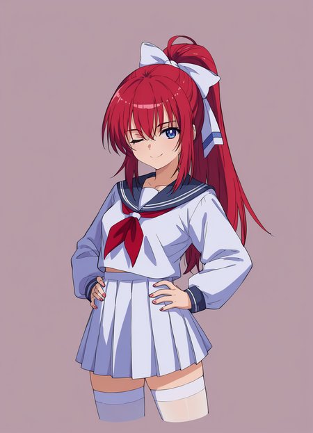 score_9, score_8_up, score_7_up, masterpiece, best quality, absurdres, official art, official style, anime screencap, megami magazine, zPDXL2, zPDXLxxx, <lora:Shiratori Mikoto (In'youchuu Chiroku ver) Pony v1_epoch_10:0.7>, 1girl, solo focus, shiratori_mikoto, large breasts, BREAK, (blue eyes:1.1), BREAK, red hair, long hair, ponytail, sidelocks, bangs, BREAK, hair ribbon, white ribbon with blueline, BREAK, school uniform, capelet, white jacket with black sideline, BREAK, red ribbon, BREAK, white skirt with black lining, pleated skirt, sawtooth hem, BREAK, (white thighhighs:1.2), BREAK, loafers, BREAK, <lora:neg4all_bdsqlsz_xl_V91:1.0> <lora:ALTXL_pony_0061_8:2.0>, <lora:detailed_hands-000002:1>, hand one eye closed, smile, cowboy shot, looking at viewer, hands on own hips, (simple background, white background:1.2),
