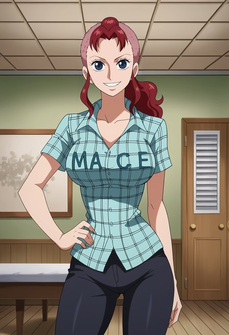 <lora:Bellemere-One_Piece_Episode_of_Nami:0.8>,Bellemere,mature female,1girl,solo,red hair,long hair,blue eyes,ponytail,breasts,shirt,pants,arm at side,wide hip,hand on own hip,looking at viewer,indoors,smile