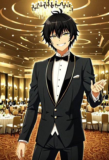 high resolution, solo, best quality, 1Boy, Seiya Kanie, black hair, short hair, thin, luxury hotel, Ballroom, tuxedo, smile, confident, OverallDetail