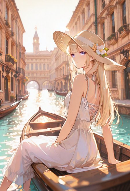 (score_9, score_8_up, score_7_up), masterpiece, best quality, very aesthetic, 8k, high resolution, superb quality, absurdres, (colorful), (detailed:1.4), smooth quality, BREAK, usnr, 1girl, 30  years old, long blonde hair, straight hair, fair skin, big violet eyes, slender body, delicate face, soft expression, looking over shoulder white summer dress, floral embroidery, sleeveless dress, elegant hat, wide-brim hat, feminine outfit, light fabric, summer fashion BREAK golden hour, soft sunlight, backlight glow, dreamy atmosphere, gentle shadows, cinematic tone, serene mood BREAK 
high detail, soft shading, clean lines, vibrant colors, high resolution, aesthetic composition
BREAK
Venice, canal, gondola, Italian architecture, water reflection, romantic cityscape, sunset lighting, warm tones, narrow canal, historical buildings, window flower boxes