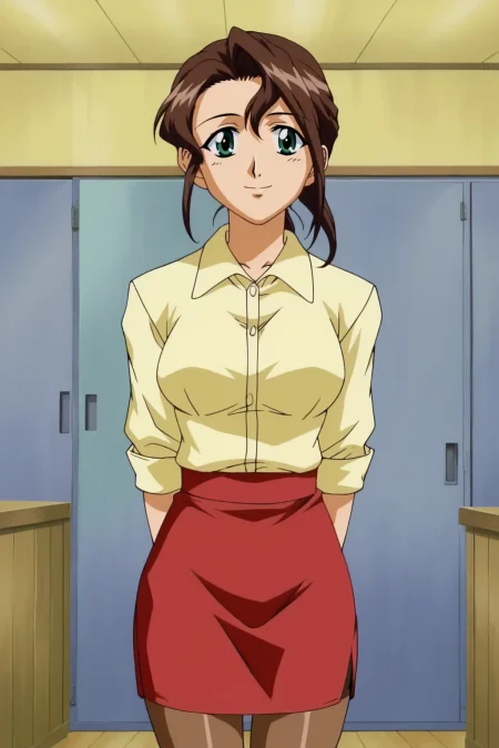 score_9, best, masterpiece, uncensored,
1girl, solo, retro artstyle, 1990s (style), slight smile, hands behind back,
MagicalKananHiragiEmi, milf, pantyhose, light yellow collared shirt with sleeves rolled up, dark red pencil skirt,
<lora:MagicalKananHiragiEmi_V3:0.8>​​​