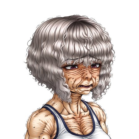1girl, short hair, greying hair, trembling, wrinkled skin,