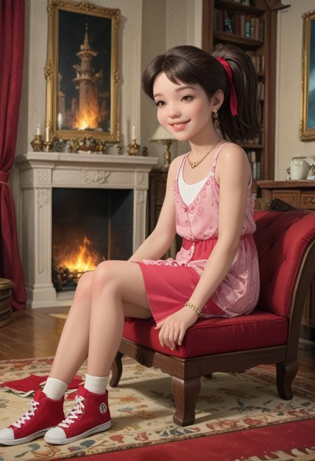score_9, score_8_up, score_7_up, masterpiece, best quality, highly detailed, (masterpiece, best quality, highly detailed), very detailed face, hyperrealistic, (UHD quality details), beautiful face,
Sitting on luxurious sofa,
1 girl, legal age, young, petite, flat chest, small breast,
Luxurious earings, necklace, Bracelet,
Smile, happy,
Emmypony
 overall skirt, ponytail, red hair ribbon, brown hair, brown eyes, red converse, red footwear
Sitting on luxurious sofa,
Luxurious dining room, chateau, fireplace, fire in the fireplace, chandeliers, candles, window, carpet, curtains, paintings on the walls, table, sofa, 
Cowboy shot,  Dynamic move, Moving,
Working, 
Side view