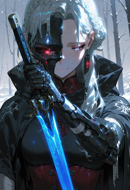 best quality, amazing quality, very aesthetic, absurdres, scenery,  high detail, 8K, high quality, highres,
close-up, looking down, portrait, detailed, Sinozick_illu, gradient, 4ur4_illu,shiny, snow 1girl, mechanical face, sad smile, light frown, crown braid, silver hair, half mask, red corset, pale eye, symbol-shaped pupils, glowing eyes, beautiful eyes, mole under mouth, mature female, bandaged arm, single mechanical arm, black bandages, torned black cloak, holding sword, steel sword,
best quality, amazing quality, very aesthetic, absurdres, scenery,  high detail, 8K, high quality, highres,