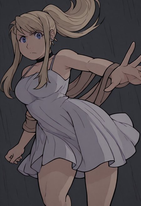 Masterpiece,best quality,limited color palette,lineart,vector art,1girl,solo, cowboy shot,
winryRockbell, serious, looking at viewer, outstretched arm, blonde hair, ponytail, sidelocks, blue eyes, white dress, shawl, sleeveless, spaghetti strap, bare legs, earrings, black choker, dark background
<loraWinry_Rockbell_illustrious-XL:1>, P0K3M1LF5TYL3,