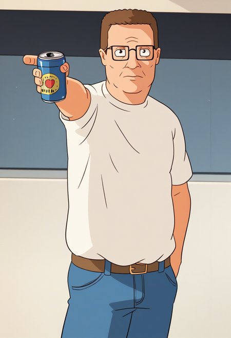 score_9, score_7_up BREAK male focus, holding weapon, holding [gun:spray can:0.01], hand in pocket, aiming, hankhillpd, mature male, glasses, brown hair, white t-shirt, jeans, belt, black eyes <lora:YusufDikecGunPose_pdxl_Incrs_v1:1>  <lora:hankhill_pd:0.8>
