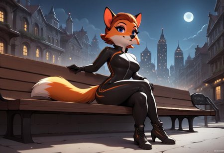 score_9, score_8_up, score_7_up, score_6_up, score_5_up, score_4_up, source_furry
night city, night, city background, moon in the sky
1girl, anthro fox, femme_appeal, black bodysuit, full body, detailed face, detailed eyes, looking at viewer, smile, sitting on bench, sexy pose, crossed legs
