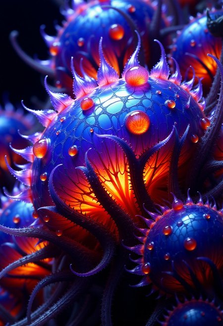 Fractals and bokeh swirl in brilliant shades of blue, purple and red. burned colors glowing with orange heat.  Bands of white light dash across the canvas. High saturation and contrast. sharp lines come into focus. Droplets of rain accumulate on leaves. Leaves appear as shattered glass. Electric snails crawl on the surface of a mysterious plant. The plant is made of glass.