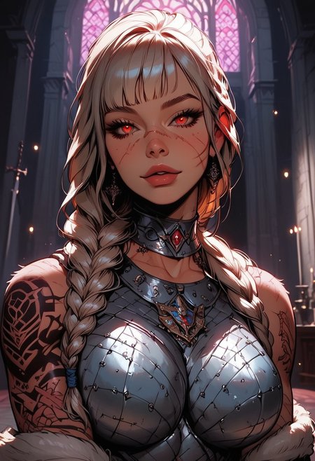Score_9, Score8_up, Score_7_up, (((High Resolution, Best Quality))), 
1girl, solo, beautiful face, lean muscle, muscle mass, warpaint, detailed eyes, red eyes, braided ponytail, tight white royal slim armor, chainmail, large breasts, royal guard, many scars, fur lined, wide hips, toned, bangs, tattoo, jewelry, beautiful lights, Lying ontop of viewer, laying on viewers chest, inside royal castle, standing vigilant, grasping a sword, sword impailed in table,